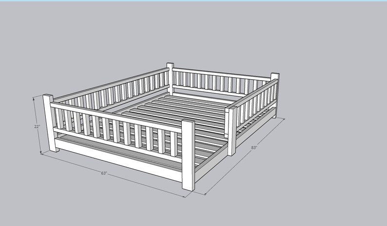 May include: A white wooden bed frame with a slatted headboard and footboard. The bed frame is 61 inches wide, 83 inches long, and 22 inches high.