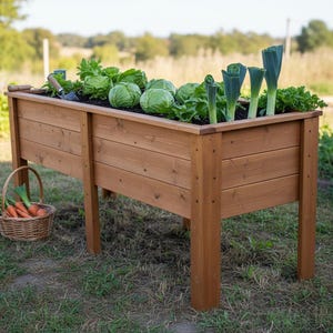 May include: A raised wooden garden bed filled with soil and various vegetables, including cabbage and leeks. A small basket of carrots and leeks sits nearby. The bed is made of light brown wood and is elevated on four sturdy legs.