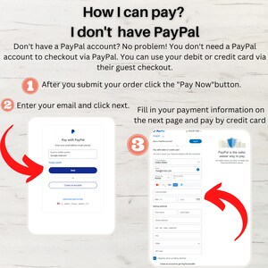 May include: A step-by-step guide on how to pay with a credit card on a website that uses PayPal. The guide shows how to enter your email address and click next, then fill in your payment information on the next page. The guide also states that PayPal is the safer, easier way to pay.