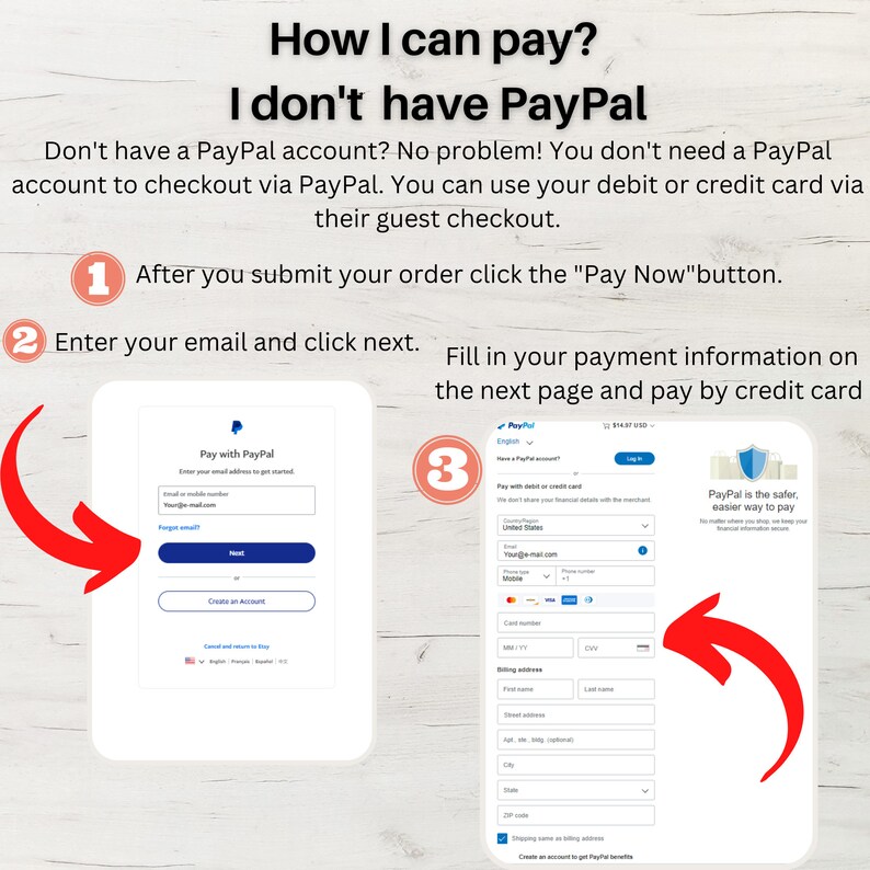 May include: A step-by-step guide on how to pay with a credit card on a website that uses PayPal. The guide shows how to enter your email address and click next, then fill in your payment information on the next page. The guide also states that PayPal is the safer, easier way to pay.