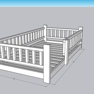 May include: A white wooden bed frame with slatted sides and a headboard. The bed frame is 42 inches wide, 70 inches long, and 22 inches high.