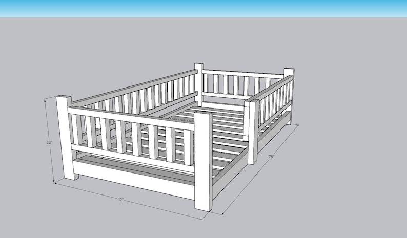 May include: A white wooden bed frame with slatted sides and a headboard. The bed frame is 42 inches wide, 70 inches long, and 22 inches high.