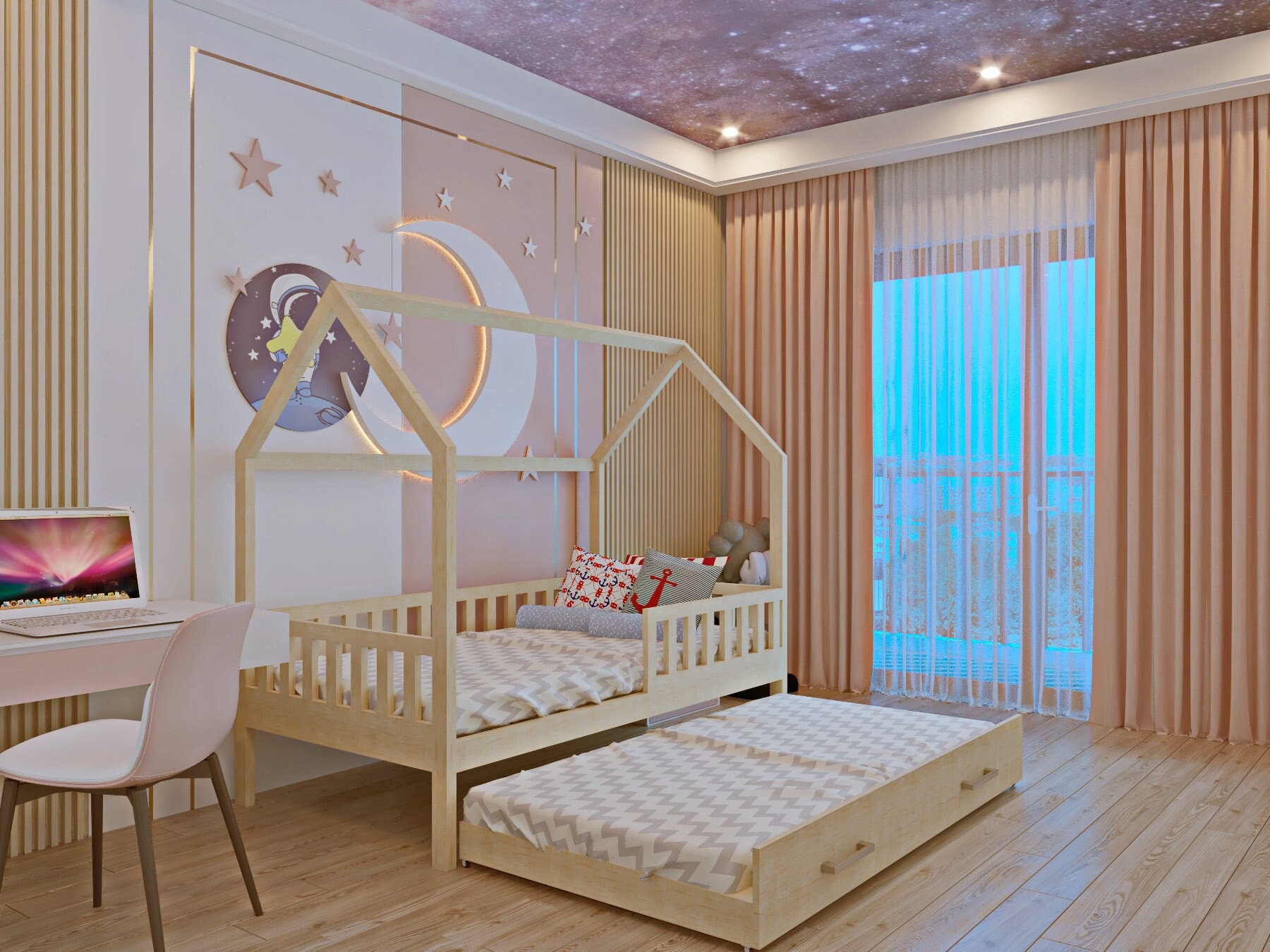 Cama Montessori con cama plegable debajo. Plano digital en PDF. Cama  Montessori tamaño doble, cama de piso DIY, cama para niños, marco de cama  de la casa -  España