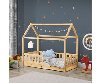 DIY toddler size house bed with slats and fences plans. Montessori Crib size bed project