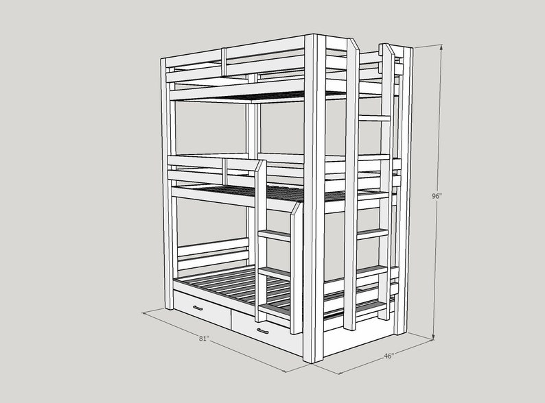 Triple Bunk Bed Plans. Twin Size Loft Bed. Twin Beds With Etsy