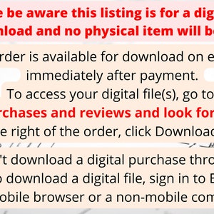 May include: Text on a white background with a blue and white grid pattern. The text reads: "Please be aware this listing is for a digital PDF download and no physical item will be sent! Your order is available for download on etsy.com, immediately after payment. To access your digital file(s), go to You > Purchases and reviews and look for the order. To the right of the order, click Download Files. You can't download a digital purchase through the Etsy app. To download a digital file, sign in to Etsy on your mobile browser or a non-mobile computer."