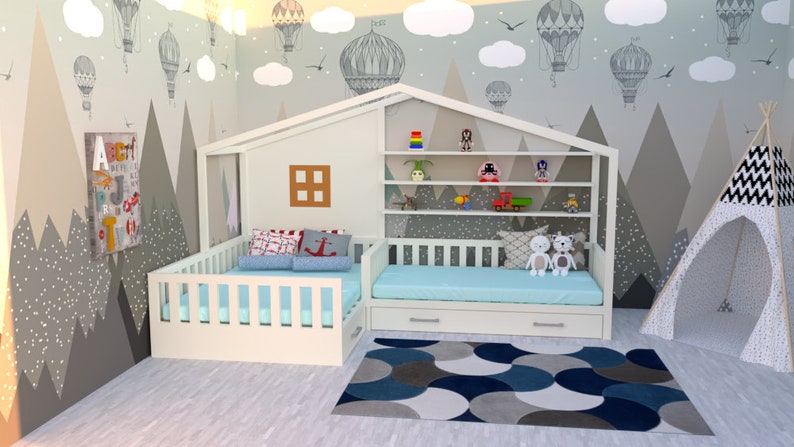 Plan de lit jumeau en forme de L/lit jumeau avec tiroirs de rangement/plan de lit jumeau d'angle/plan de lit d'enfant/plan de lit d'enfant avec tiroirs/plan de lit d'enfant image 7