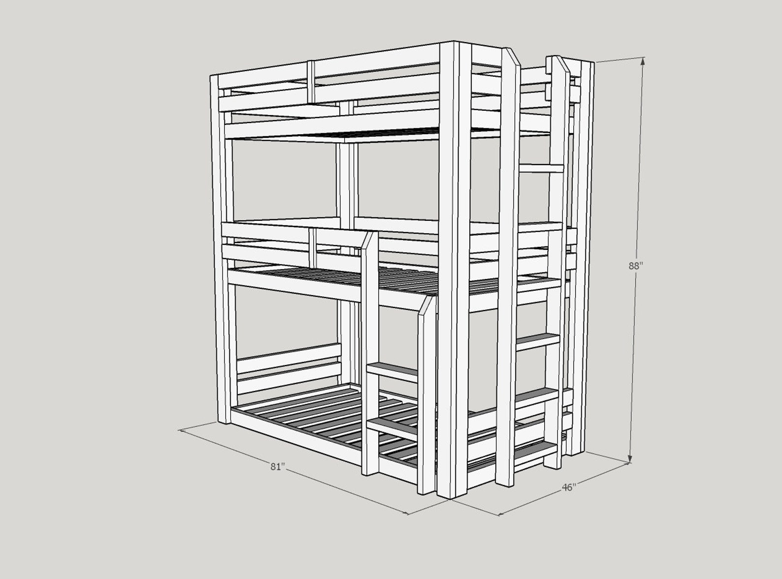 Triple Bunk Bed Frame Plans. Twin Size Loft Bed Plan. DIY Twin Beds Plan. PDF Platform Bed Plan