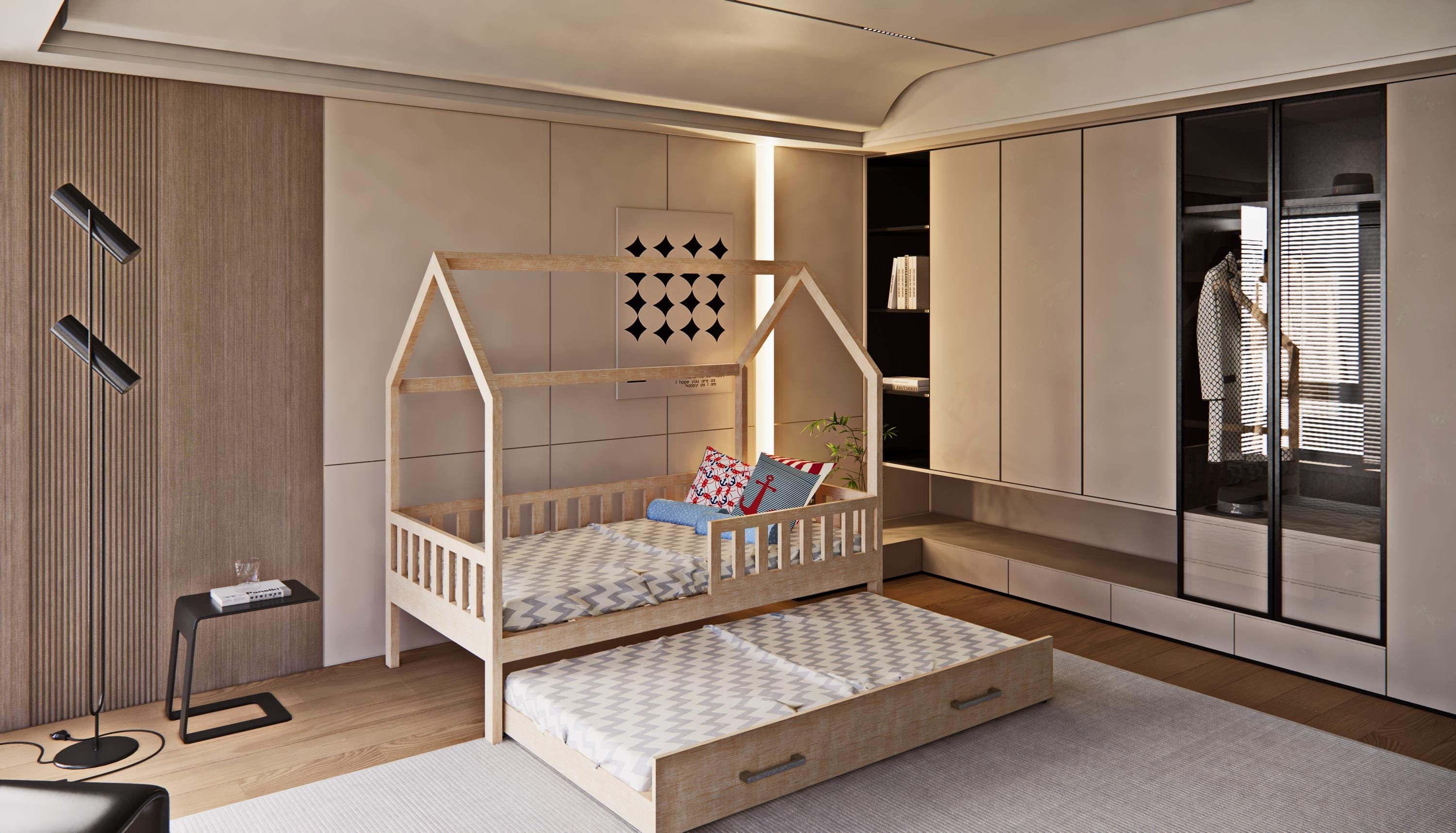Twin house bed with a pull-out bed underneath (DIY plans). PDF Download. Easy to build. House bed with rails and storage blueprint