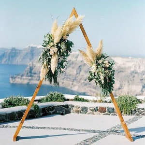 Pu&ograve; includere: Un arco triangolare in legno decorato con erba della pampa secca e fiori bianchi. L'arco &egrave; allestito all'aperto sullo sfondo di un oceano blu e scogliere rocciose.