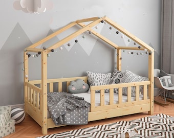 Cama Montessori de tamaño completo con vallas. Plano de construcción digital de cama de tamaño completo, plano de cama de casa, cama de piso de bricolaje, proyecto de marco de cama