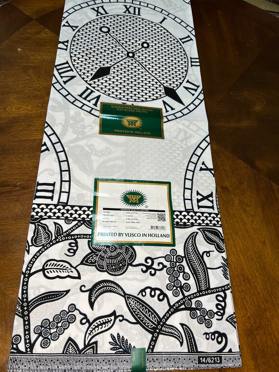 African Wax Print Fabric, Clock & Floral Design, 6 Yard Ankara Cotton