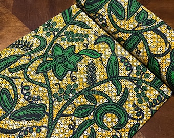 Green Floral African Wax Print Fabric, 6 Yards
