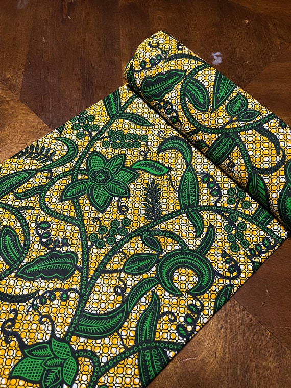 Green Floral African Wax Print Fabric, 6 Yards