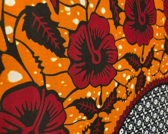 Floral African Wax Print Fabric, Orange, Blue, Red, 6 Yards