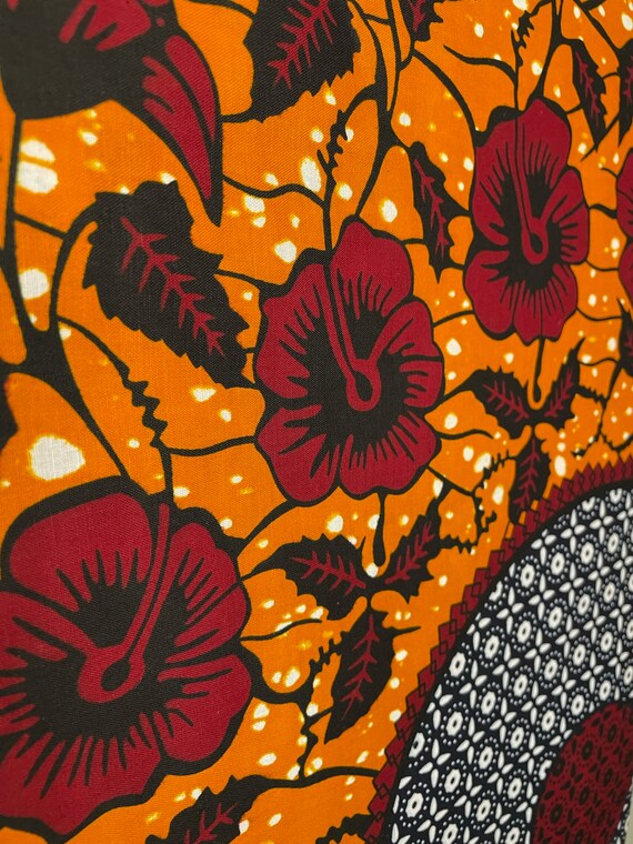 Floral African Wax Print Fabric, Orange, Blue, Red, 6 Yards
