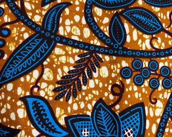 African Wax Print Fabric: Brown, Blue, Black Floral Cotton, 6 Yards