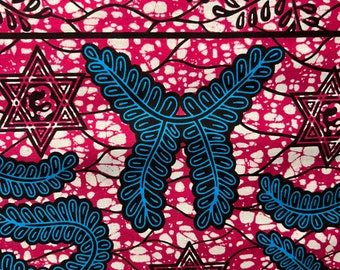 Tela africana con estampado de cera, algodón Ankara rosa, azul y blanco, 6 yardas