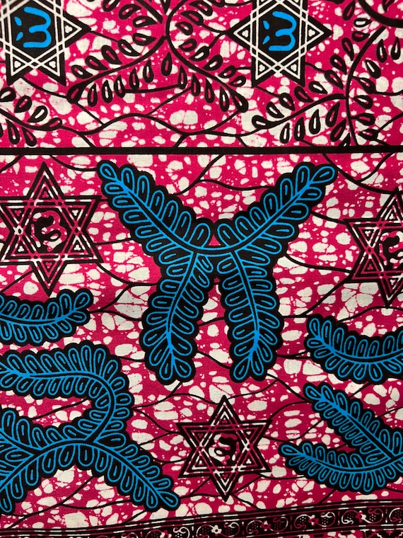 African Wax Print Fabric, Pink Blue White Ankara Cotton, 6 Yards