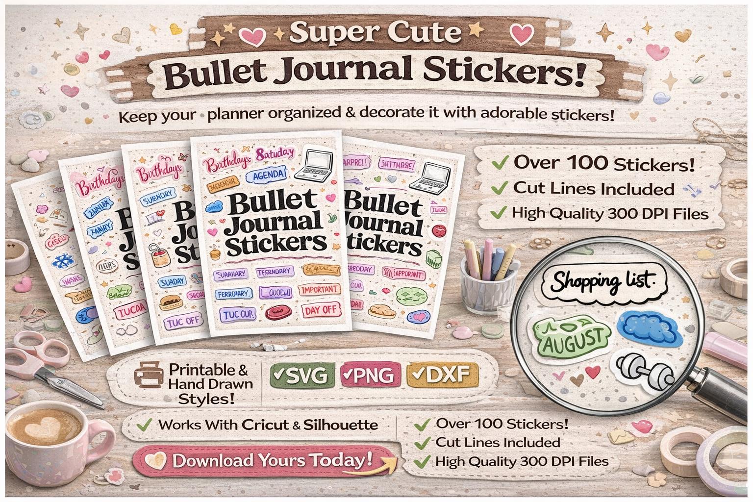 Cute Bullet Journal Sticker Set PNG | Printable Planner Stickers ...
