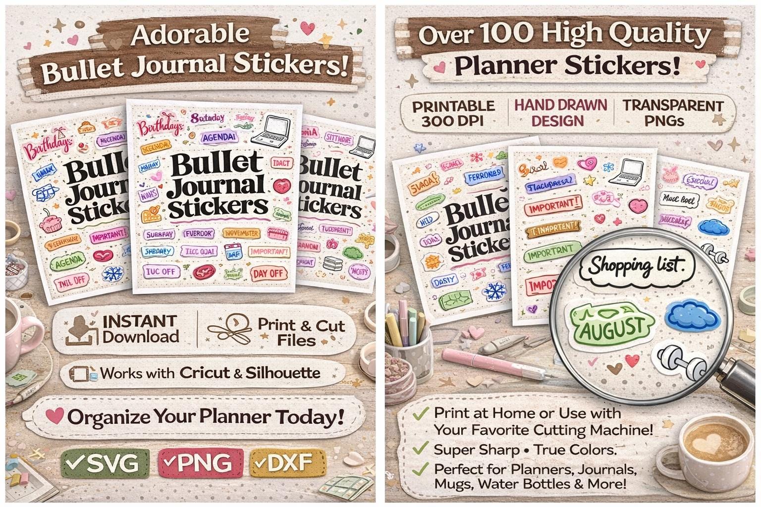 Cute Bullet Journal Sticker Set PNG | Printable Planner Stickers ...