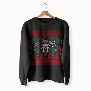 May include: Black Christmas sweater with a white dog silhouette and the text "Pet Christmas". The sweater has a red and green pattern with Christmas trees, snowflakes, and ornaments.