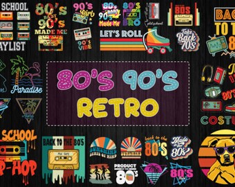 May include: A collection of 80's and 90's retro themed graphic designs. The designs feature cassette tapes, roller skates, sunglasses, and palm trees. The text "80's 90's Retro" is featured in the center of the image.