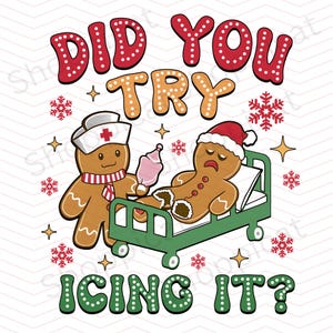 Puede incluir: Un hombre de jengibre en una cama de hospital con una enfermera de jengibre sosteniendo una jeringa. El texto dice "¿Has probado a glasearlo?"