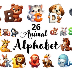 Conjunto de sublimação de alfabeto de animais - ABC com animais, download digital para crianças aprendendo, decoração de berçário, alfabeto para impressão, desenhos de animais fofos