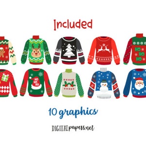 May include: Ten colorful Christmas sweater designs featuring various holiday themes, including reindeer, gingerbread men, snowmen, and Santa Claus. The sweaters are all red, green, blue, or white with festive patterns.