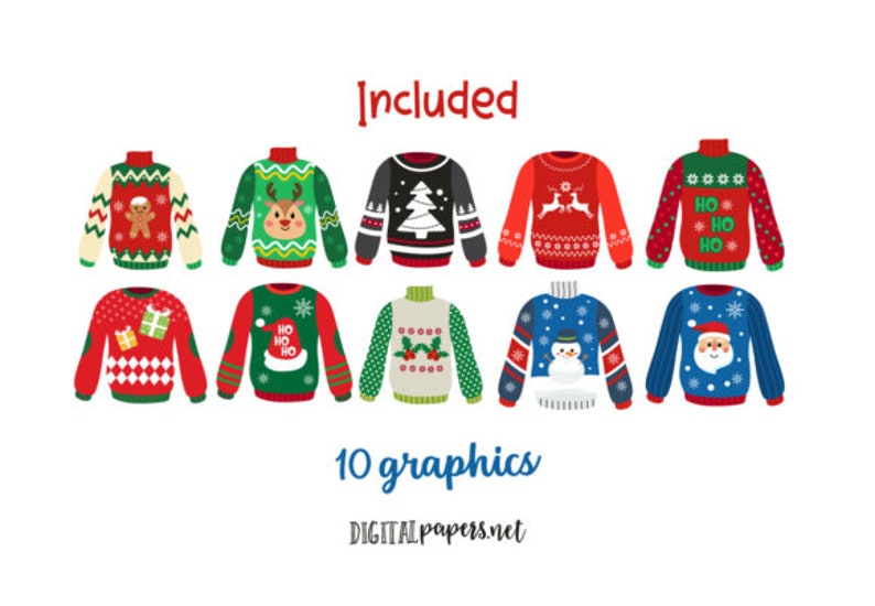 May include: Ten colorful Christmas sweater designs featuring various holiday themes, including reindeer, gingerbread men, snowmen, and Santa Claus. The sweaters are all red, green, blue, or white with festive patterns.