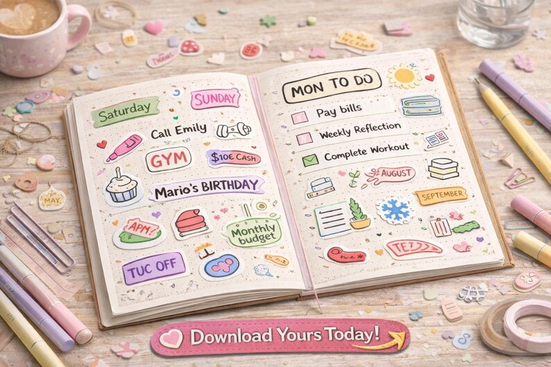 Cute Bullet Journal Sticker Set PNG | Printable Planner Stickers ...