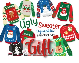 May include: Ten colorful Christmas sweater designs with various holiday themes, including Santa, reindeer, gingerbread men, and snowmen. The text "Ugly Sweater Gift" is written in red cursive.