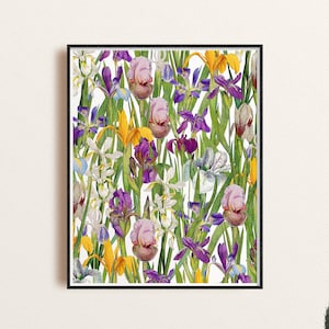 Antique Iris Flowers Collaged Illustration, Vintage French Botanical Irises Wall Art, Rustic Countryside Iris Flower Decor, Botanical Poster