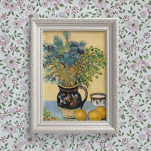 Van Gogh Still Life with Flowers and Lemons Art Print, Blue and Yellow Floral Art Print, Kitchen Floral Wall Art, Chic Kitchen Decor