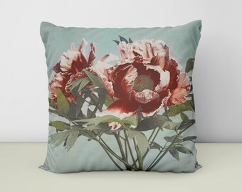 Red Peony Print Throw Pillow: Muted Floral Accent Decor