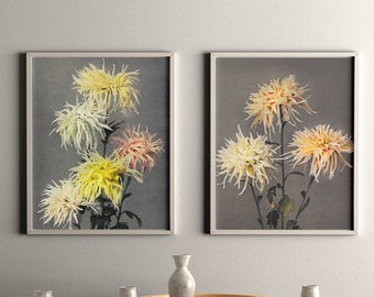 Par de vintage japonés crisantemo pared arte, Meiji Era Japan cartel floral para inspiración asiática, Zen, minimalista, y decoración tradicional del hogar