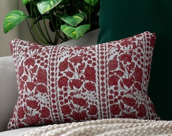 Burgundy and White Antique Floral Print Lumbar Pillow