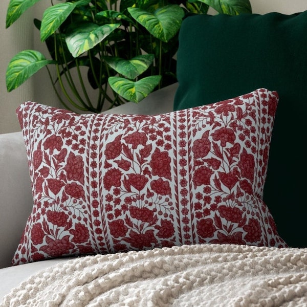 Burgundy and White Antique Floral Print Lumbar Pillow, Deep Red Chinoiserie Style Print Accent Pillow, Maximalist Floral Pattern Pillow