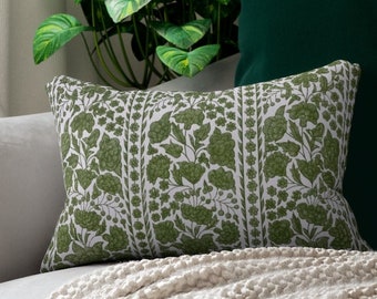 Green Chinoiserie Florals Print Lumbar Pillow, Olive Green Rectangular Pillow, Olive Green Accent Pillow, Maximalist Home Decor