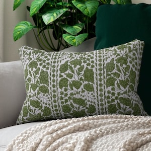 Green Chinoiserie Florals Print Lumbar Pillow, Olive Green Rectangular Pillow, Olive Green Accent Pillow, Maximalist Home Decor