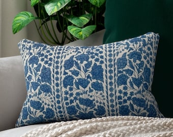 Blue Chinoiserie Lumbar Pillow: Antique Floral Accent Pillow