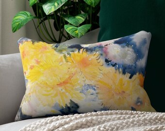 Abstract Floral Lumbar Pillow: Yellow & Blue Linen Print (14”x20”)