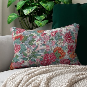 Pink Chinoiserie Print Lumbar Pillow, Chinese Flower Art Print Decorative Pillow, Maximalist Pink Flowers Print Accent Pillow, Pink Pillow