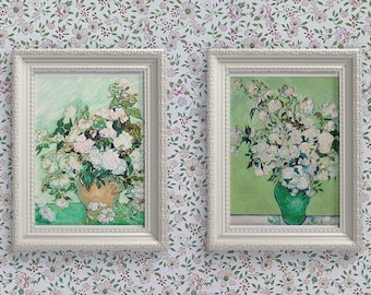 Van Gogh Roses Print Set, Set de DOS Van Gogh Flower Still Life Art Print, Pastel Florals en fondo verde menta, Rose Prints Home Decor