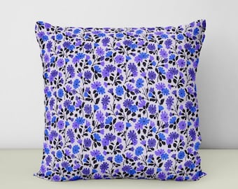 Periwinkle Floral Print Throw Pillow: Vintage Flower Accent Pillow