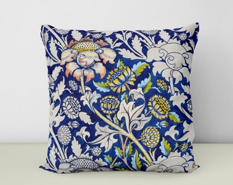 Vintage Blue and White Floral Print Throw Pillow, William Morris Floral Pattern Decorative Pillow, Royal Blue Floral Print Accent Pillow,