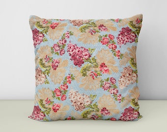 Rococo Roses Chintz Print Throw Pillow, Light Blue, Gold, and Pink Floral Pattern Decorative Pillow, Ornamental Textile Art Accent Pillow