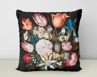 Baroque Floral Throw Pillow: Moody Still Life Art, Dark Academia Decor