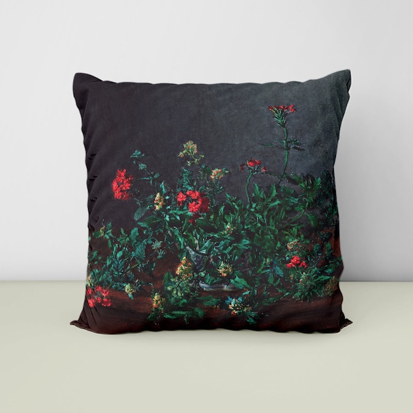 Leon Bovine Wildflower Print Throw Pillow, Wildflower Painting Decorative Pillow, Moody Floral Art Pillow, Dark Academia Room Decor